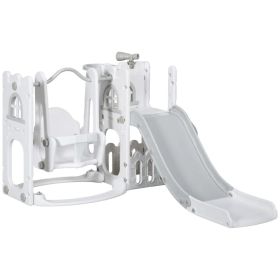 6-in-1 Slide and Swing Set Baby Swing Playset Indoor with Basketball Hoop, Climber, Storage Space, Telescope, Grey (Option: Grey)