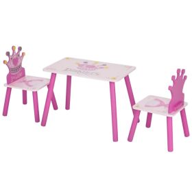 3-Piece Set Kids Wooden Table Chair with Crown Pattern Easy to Clean Gift for Girls Toddlers Age 2-4 Years Old Pink (Option: Pink)