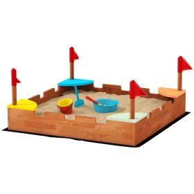 Kids Wooden Sandbox with Flags, 4 Colorful Built-in Corner Seating, Ground Liner, Gift for Ages 3-7, Wooden Brown (Option: Brown)