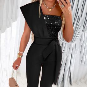 New Solid Color Sleeveless Belt Decorative Slim-fitting Patchwork Sequin Women's Trousers (Option: M-Black)