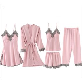 French Pajamas Spring And Summer Thin Ice Silk Nightdress Five-piece Suit (Option: Pink-S)