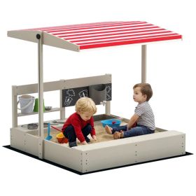 Kids Sandbox with Cover Kitchen Playset Toys, Wooden Sand Box with Seat, Storage, for 3-7 Years Old, Grey (Option: Grey)