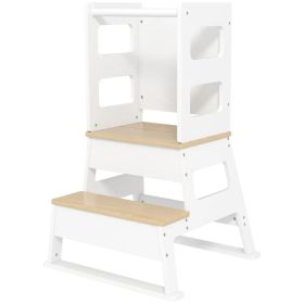 2 in 1 Toddler Tower Kitchen Helper w/ Chalkboard, Safety Rail, for Counter, Bathroom, Sink, Kitchen, White (Option: White)
